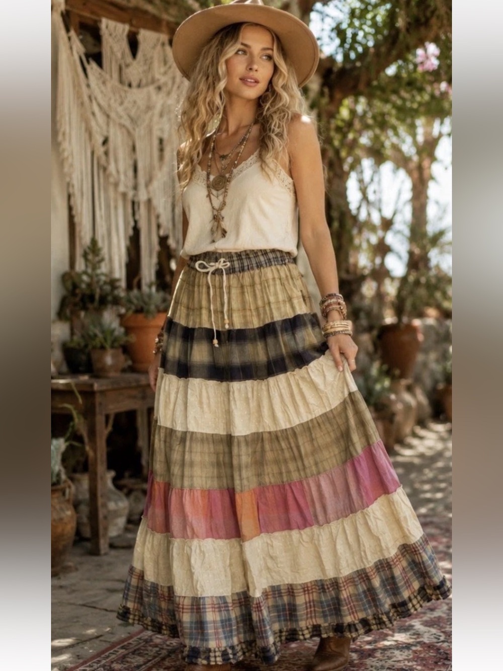 #150 New! Young Threads Multi Plaid Tiered Plaid Maxi Skirt